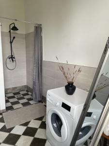 a washer and dryer in a bathroom with at Baroque Palais Timber House Celle in Celle