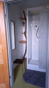 a glass door to a small bathroom with a chair at Sonnentor in Bad Wurzach