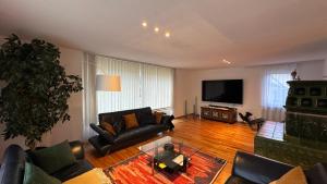 a living room with leather furniture and a flat screen tv at Ani's Pearl in Bled