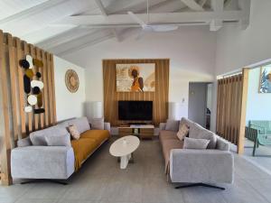 a living room with a couch and a tv at Villa Gommier - 3 chambres, 3 sdb, piscine in Le Diamant