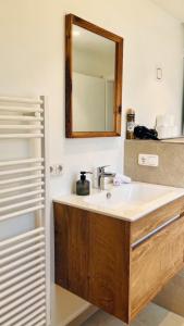a bathroom with a sink and a mirror and a refrigerator at Ferienhaus Anni in Kreuth