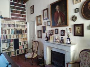 a living room with a fireplace and bookshelves at Chambre des rêves, vue exceptionnelle sur terrasse privée,la Casamatta in Centuri +20 photos