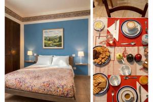two pictures of a hotel room with a bed and plates of food at Le Colline di Maggiora B&B in Maggiora