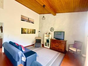 a living room with a blue couch and a tv at Casa Ruth Brissago in Brissago