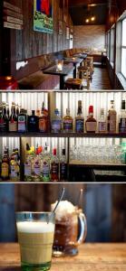 two pictures of a bar with a drink and bottles of alcohol at Tiny house on wheels with great views Sjusjøen Minihus med utsikt Sjusjøen in Mesnali