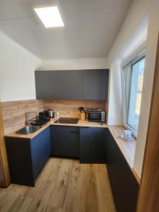 a kitchen with black cabinets and a sink and a window at Ferienwohnung Reich in Hirschegg Rein