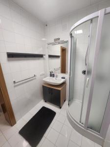 a bathroom with a sink and a shower at Ferienwohnung Reich in Hirschegg Rein +13 photos