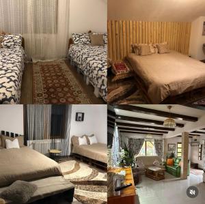 two pictures of a bedroom with two beds at Casa Cu Lavandă in Valea Drăganului