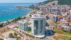 an aerial view of a city and the ocean at Budva Central Escape Apartment in Budva