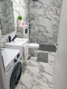 a bathroom with a sink and a washing machine at Casa Party in Fîntînele +13 photos