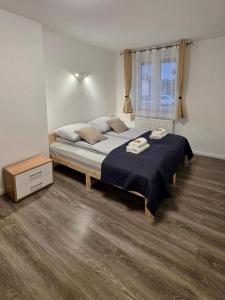 a bedroom with a large bed and a window at Ferienwohnung "Wohnung in Haus" in Neunkirchen