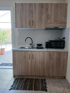 a kitchen with wooden cabinets and a sink and a microwave at Ioana Sea View in Corfu