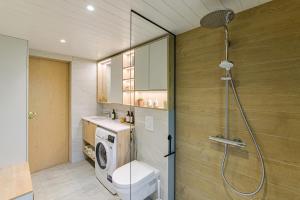 a bathroom with a shower and a toilet and a sink at CozyEst Meremõisa in Meremõisa