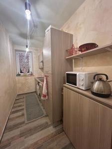 a small kitchen with a microwave on a counter at Il caminetto in Pradleve