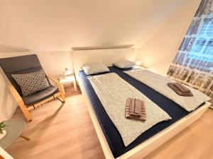 a bedroom with a bed and a chair in it at Apartments in Green House in Bovec