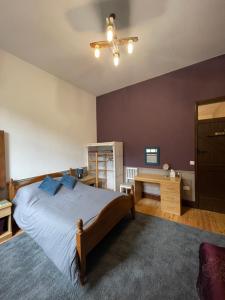 a bedroom with a bed with blue pillows on it at Beldy Chapel Ground floor apartment in Alston