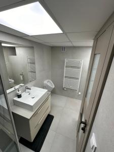a bathroom with a sink and a mirror at Fully Equipped Guest House Košice-Barca in Košice +15 photos