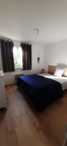 a bedroom with a large bed and two windows at Chambre privée villa montelimar in Montélimar