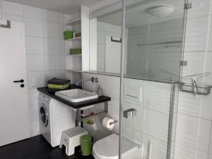 a bathroom with a toilet and a sink and a shower at Haus Karla in Langeoog