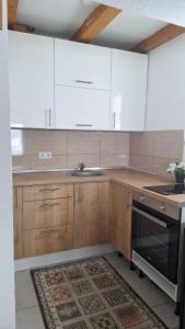a kitchen with wooden cabinets and a sink at GREEN MOON Breza in Breza