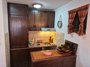 a kitchen with wooden cabinets and a sink and a counter at Family Apartments in Žabljak