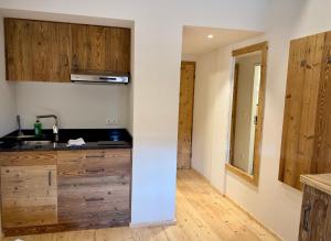 a kitchen with wooden cabinets and a sink at Vogelbauer Apartments in Egling