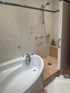 a bathroom with a white tub and a shower at Toulouse in Bazus