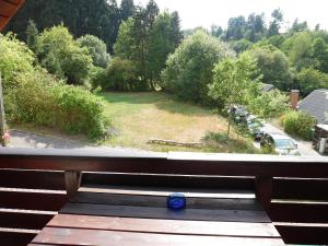 eine blaue Flasche auf einer Bank in der Unterkunft Ferienhaus TSAVO in Wald-Michelbach