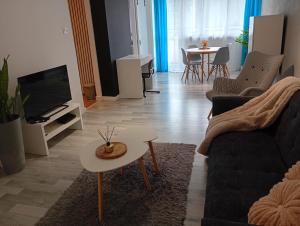 a living room with a couch and a table at Apartament Superjednoska Spodek Centrum Nowoczesny Apartament Wifi in Katowice