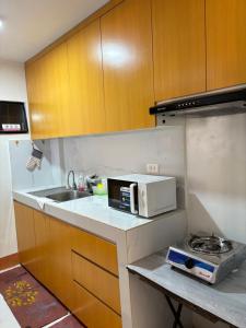 a small kitchen with a sink and a microwave at Amalia Homes Staycation in Palo
