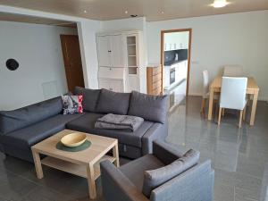 a living room with a couch and a table at Ferienwohnung Am Anger in Unterleinach