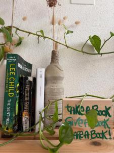 a shelf with books and a vase with a plant at Bio&B Acquaviva in Otranto
