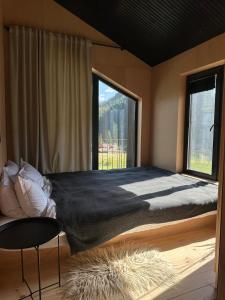 a bedroom with a large bed and two windows at Barnhouse Tatariv in Dobrovelychkivka +30 photos