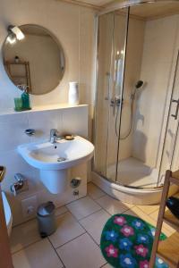 a bathroom with a sink and a shower with a mirror at A short break on Germany's largest island in Garz