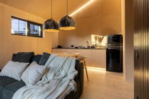 a living room with a couch and a kitchen at Barnhouse Tatariv in Dobrovelychkivka
