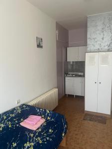 a small room with a bed and a kitchen at Apartman Stil in Kruševac +2 photos
