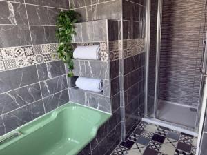 a bathroom with a green tub and a shower at Luxury 6 bed house by the sea in Rhos-on-Sea +51 photos