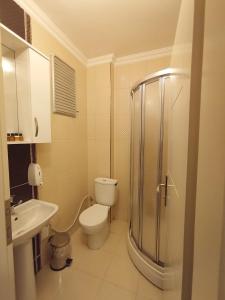 a bathroom with a toilet and a shower and a sink at Larok Hotel in Akcaabat +37 photos