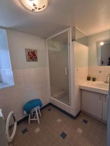 a bathroom with a shower and a sink and a stool at Gite Familial aux portes de Foix "Le Coulhòu"- Ariège- 6 personnes in Ferrières-sur-Ariège +36 photos