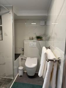 a white bathroom with a toilet and towels at Studio apartment in Karben