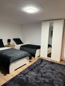 a bedroom with two beds and a mirror at Studio apartment in Karben