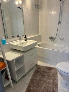 a bathroom with a sink and a tub and a toilet at Burgberg-Oase in Bad Harzburg +7 photos