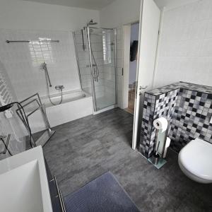 a bathroom with a shower and a toilet and a sink at Gartenblick Trebbin in Trebbin +7 photos