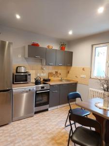 a kitchen with stainless steel appliances and a table at Apartmány Arin in Jáchymov