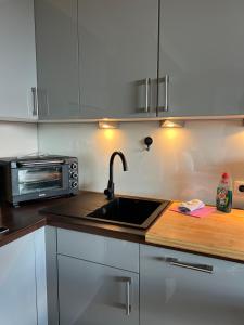 a kitchen with a sink and a microwave at Premium Apartment-OstseePur-inklusive Parkplatz-Wlan-Strand-und Citynähe in Timmendorfer Strand