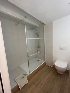 a bathroom with a shower and a toilet at Le Blanc Spa in Nanteuil-en-Vallée