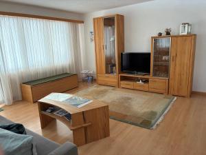 a living room with a couch and a tv at Ferienwohnung Haus Ginseng in Davos