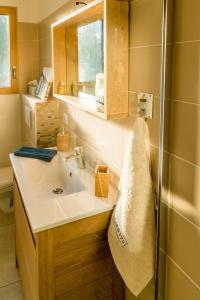 uma casa de banho com um lavatório e um espelho em Crisalys Chambres d'Hôtes em Pessac