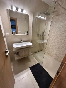 a bathroom with a sink and a shower at Apartmán Tatrya in Vysoké Tatry