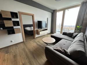 a living room with a couch and a television at Apartmán Tatrya in Vysoké Tatry